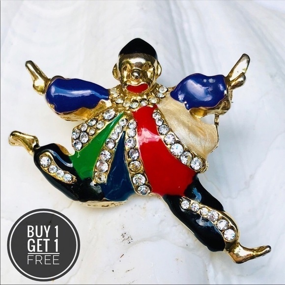 Vintage Jewelry - VINTAGE Clown Brooch Red/ Multi Enamel & CZ’s